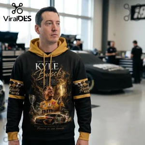 Black and gold Kyle Busch racing hoodie with commemorative text and race car graphics!