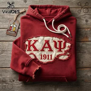 Red distressed vintage hoodie with cream appliqué and red embroidered Greek letters KAY Ψ and 1911, white drawstrings!