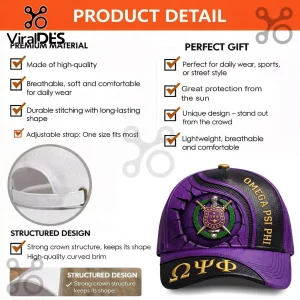 Purple and black baseball cap with gold Omega Psi Phi Greek letters and crest logo on the front panels!