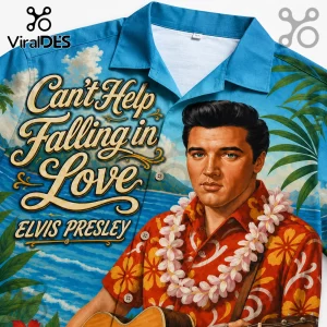 Blue Hawaiian shirt featuring an Elvis Presley portrait with lei, guitar, and text Cant Help Falling in Love!