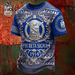 Blue Phi Beta Sigma t-shirt with silver 3D emblem filigree greek key patterns and text reading 1914 and PHI BETA SIGMA!