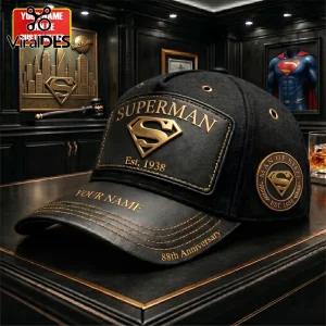 Black leather baseball cap with gold Superman logo text Superman Est 1938 and Man of Steel anniversary patch!