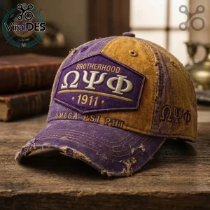 Distressed purple and gold baseball cap featuring Omega Psi Phi 1911 Greek letters embroidery and vintage frayed edges!