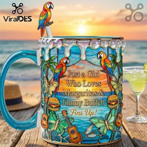 Mug with stained glass tropical scene, parrots, guitars, burgers, and text Just a Girl Who Loves Margaritas & Jimmy Buffett!