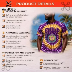 Purple and gold tie-dye t-shirt featuring Omega Psi Phi Greek letters and fraternity crest graphic design!