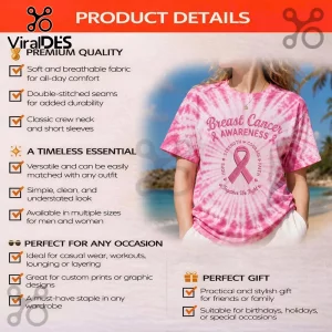 Pink tie-dye t-shirt with Breast Cancer Awareness graphic featuring a ribbon and text Strength Courage Hope Faith!