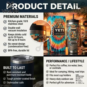 Jimmy Buffett Yeti tumbler with parrot and guitar graphics in a colorful tie dye box on a black marble surface!