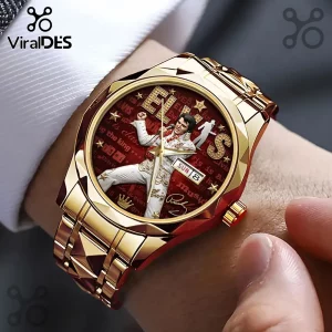 Gold luxury wrist watch featuring Elvis Presley singing on a red background with gold stars and ELVIS text!