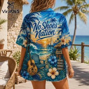 Blue tropical print aloha shirt with No Shoes Nation text sailboat hibiscus flowers and acoustic guitar sunset graphic!