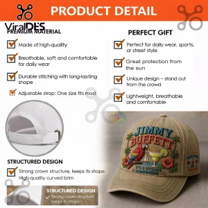 Tan baseball cap featuring embroidered parrot cocktail and Jimmy Buffett text with tropical floral design!