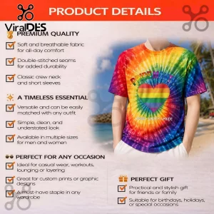 Tie-dye t-shirt with rainbow heart and Pride Month text worn by a man at the beach!
