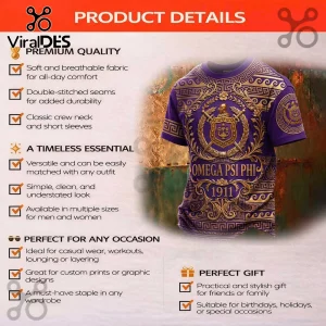 Purple and gold Omega Psi Phi t-shirt with ornate Greek-style border and 1911 text in a premium graphic design!