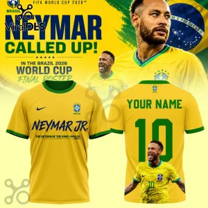 Yellow Brazil soccer jersey with Neymar Jr graphics and custom name text on the back for World Cup 2026 fans!