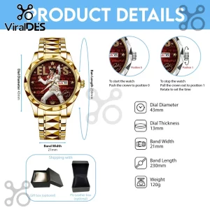 Gold stainless steel Elvis Presley themed wrist watch with red dial, diamond pattern band, and Elvis silhouette graphic!