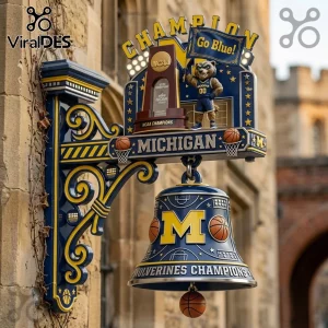 Michigan Wolverines blue and yellow wall bell with NCAA trophy, mascot, basketballs, and Go Blue text design!
