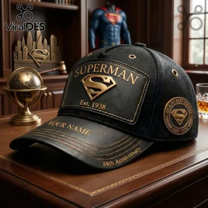 Black leather Superman baseball cap with gold emblem text Superman Est 1938 Man of Steel 88th Anniversary and custom name!