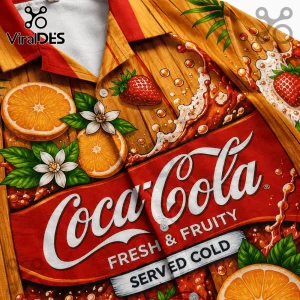 Button up shirt with Coca-Cola logo strawberries oranges and white flowers on orange wood background design!