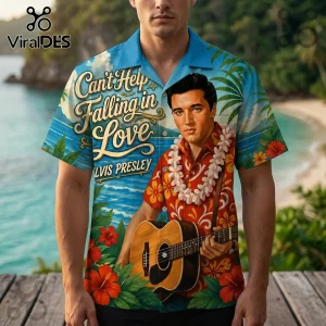 Blue tropical button-down shirt featuring Elvis Presley playing guitar with Can't Help Falling in Love text!