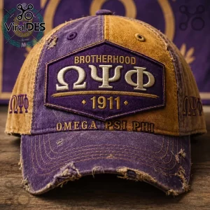 Distressed purple and gold baseball cap with embroidered Omega Psi Phi Brotherhood 1911 text and Greek letters!