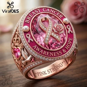 Rose gold ornate ring with pink gem, diamond breast cancer awareness ribbon, 