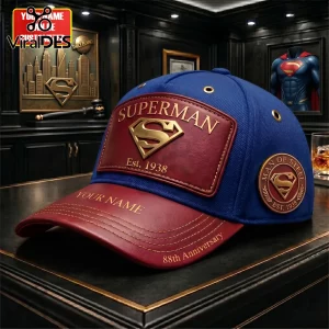 Blue and red baseball cap with Superman logo, text Superman Est 1938, Man of Steel patch, and custom name space.!