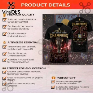 Black Aston Villa Europa League 2025 26 Champions graphic tee featuring gold text and trophy imagery on front and back!