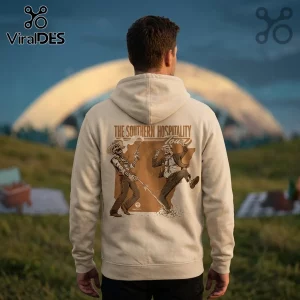 Cream hoodie back print with skeleton cowboy and running man graphic text The Southern Hospitality Tour retro art style!