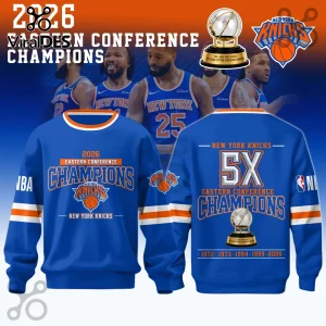Blue New York Knicks 2026 Eastern Conference Champions sweatshirt with orange accents and Larry Bird trophy graphics!