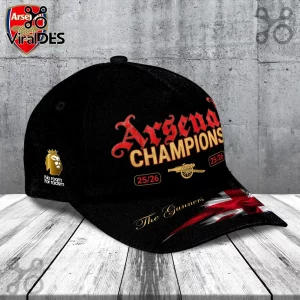 Black Arsenal FC baseball cap with red gold text reading Arsenal Champions 25/26 and cannon graphic!
