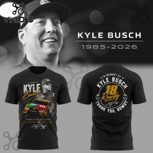Black graphic t-shirt with Kyle Busch photo, race car, 18 Rowdy text, and racing legends memorial design in yellow and white!