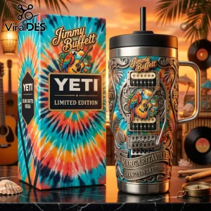 Jimmy Buffett Yeti tumbler with tie dye background, parrot and guitar graphics, and Margaritaville text in silver finish!