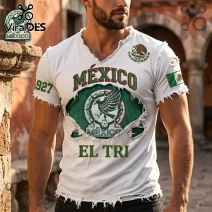 White distressed V-neck tee with green MÉXICO text, Mexico flag eagle, EL TRI, 927, soccer emblem design!