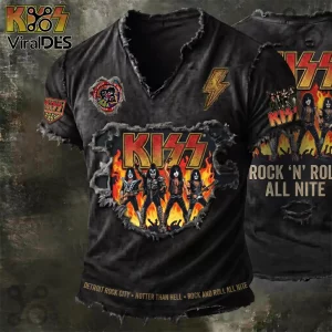 KISS Rock N Roll All Nite Distressed V-Neck Band Shirt KISS Rock N Roll All Nite Distressed V-Neck Band Shirt