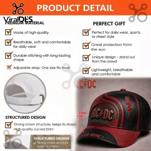 Black red custom baseball cap, AC/DC band logo, BACK IN BLACK text, lightning bolt graphic, rock merchandise style!