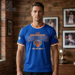 Blue New York Knicks 2026 Eastern Conference Champions graphic t-shirt with orange and white trim!