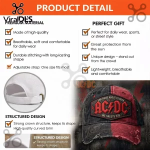 Distressed black and red baseball cap with AC/DC patch reading For Those About To Rock We Salute You!