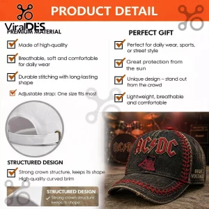 Distressed black rock band baseball cap with red stitching, AC/DC logo, HELLS BELLS bell graphic, HIGH VOLTAGE text!