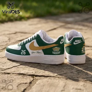 Green and white custom Nike Air Force 1 sneakers with gold swoosh,