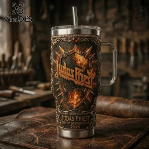 Judas Priest Shield of Pain Tour 2026 metal tumbler with gold gothic shield graphic and dark textured background!