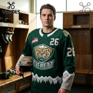 Dark green athletic hockey jersey, white trim, bear logo with 