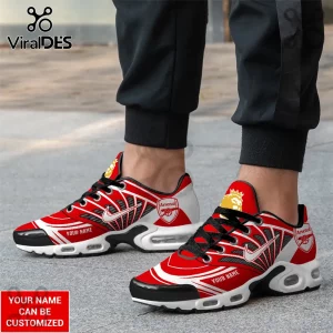 Custom Arsenal FC sneakers in red and white with team logo and personalized name space on sporty casual footwear!