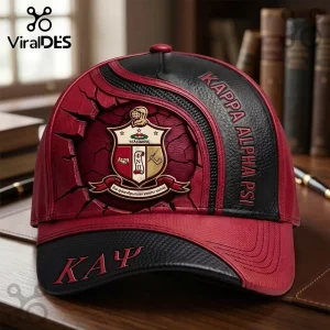 Kappa Alpha Psi baseball cap with red cracked leather texture, black accents, fraternity crest, and Greek letters.!