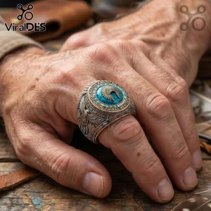 Ornate vintage silver ring with turquoise stone, eagle, feathers, and