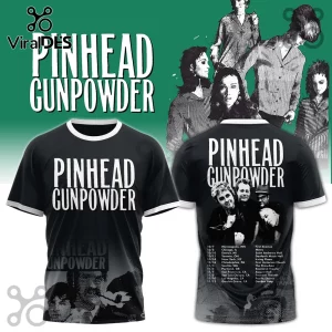 Black ringer t-shirt with Pinhead Gunpowder logo on front and band photo with 2024 tour dates on back!
