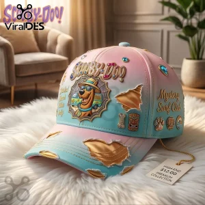 Pink and blue pastel distressed baseball cap featuring Scooby-Doo graphic Mystery Surf Club text and tiki pins!