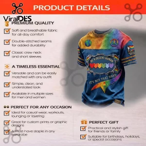 Blue t-shirt with rainbow accents featuring Be A Decent Human It Is Not That Hard text and peace sign patch!