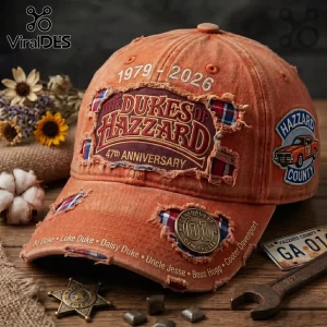 Distressed orange Dukes of Hazzard 47th Anniversary 1979-2026 baseball cap featuring General Lee 01 patch and character names!