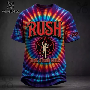Tie-dye Rush band t-shirt with red and blue swirl pattern, RUSH text, starman logo, and 1968 Time Stand Still graphics!