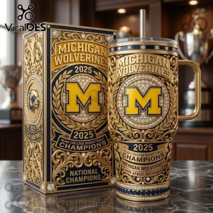 Michigan Wolverines 2025 NCAA Basketball Champions Gold Stanley Tumbler Michigan Wolverines 2025 NCAA Basketball Champions Gold Stanley Tumbler