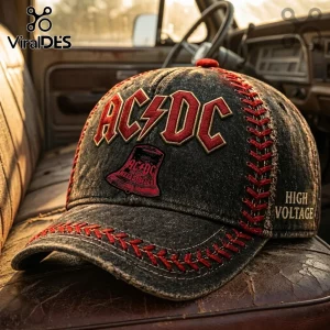 Washed black AC/DC cap! Red embroidered logo with lightning bolt! Red Hells Bells graphic! High Voltage text! Retro distressed style!
